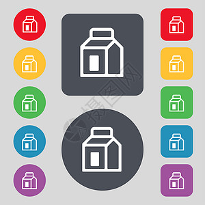 包装盒图标牛奶 果汁 饮料 饮料 卡通包图标符号 一组有12色按钮 设计平坦背景