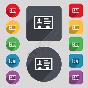 身份证 身份证徽章 切开处 名牌图标 一套由12个彩色按钮和长阴影组成的图案 设计平坦背景图片
