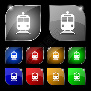 交通运输类图标列图标符号 一组有色调的十个多彩按钮交通运输列车隧道座位团体速度货物地铁城市背景