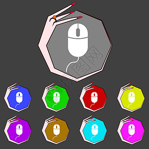 计算机鼠标符号图标 带轮号的光学符号 设置彩色按钮令牌老鼠滚动车轮电缆圆圈电脑工具徽章创造力背景图片