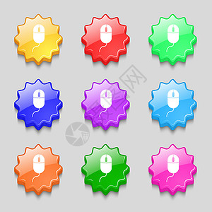 计算机鼠标签名图标 带轮子符号的光学 九个彩色波浪按钮上的符号背景图片
