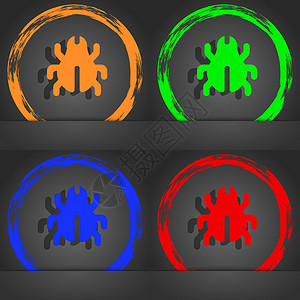 螨虫图标软件错误 病毒 消毒 甲虫图标符号 时尚的现代风格 在橙色 绿色 蓝色 绿色设计背景