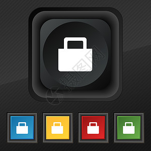 销售袋图标符号 在黑纹理上设置五色 时髦的按钮 用于设计设计背景图片
