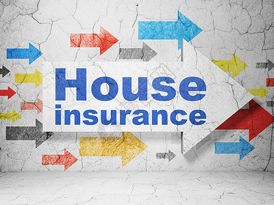房屋政策保险概念箭头与房屋保险在 grunge 墙背景金融风险安全指针古董小路事故政策指导地面背景