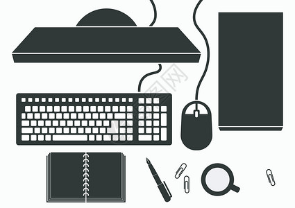 台式电脑 PC 键盘 鼠标 机箱 光驱 显示屏 书本 笔 杯子 回形针 剪影 鸟瞰图 现代风格 电器背景图片