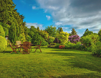 英语花园家具草地木头椅子柚木植物树木背景图片