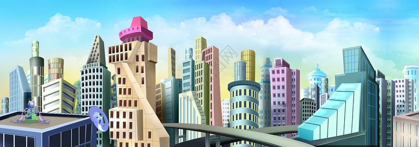 未来城市明信片卡通片摩天大楼动画片场景绘画插图房子部件背景图片