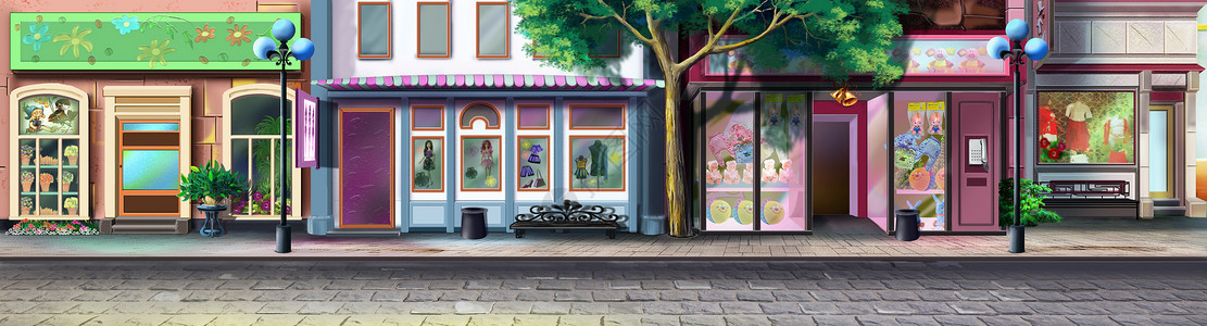 小镇的一条街道卡通片全景部件绘画场景插图城市明信片动画片背景图片