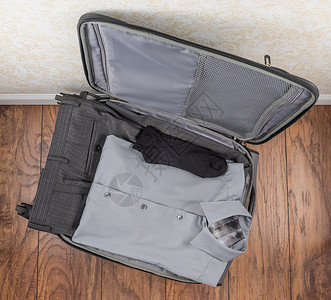 衬衫包装包装的男子衬衫领带旅行手提箱行李正装裤衣服男士正装袜子背景