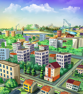 城市风景卡通片插图树木建筑物明信片场景动画片绿色部件城市背景图片
