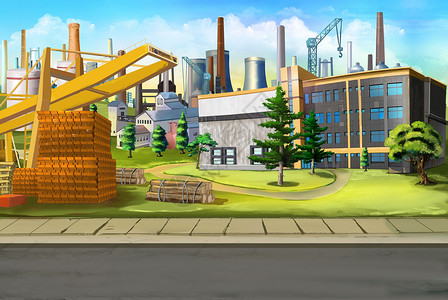 工业景观卡通片场景起重机动画片插图明信片工厂部件背景图片