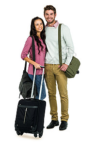 带着行李微笑的情侣肖像背景图片