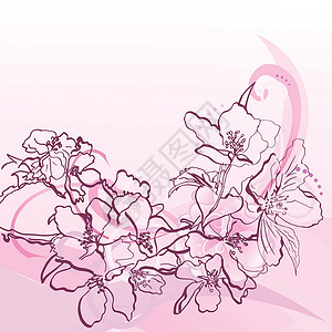 粉红手画花和装饰曲线玫瑰墙纸艺术水彩卡片框架边界插图婚礼问候语背景图片