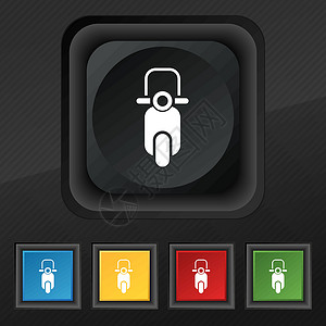 摩托车锁Scooter 图标符号 在用于设计设计的黑色纹理上设置5个彩色 时髦的按钮 矢量插画
