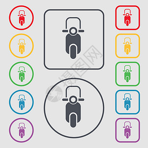 Scooter 图标符号 圆形和带框架的平方按钮上的符号 矢量背景图片