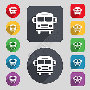 bus 图标符号 一组由12个彩色按钮和长阴影组成 平坦的设计 矢量车站交通卡车驾驶网络插图民众正方形旅行公共汽车背景图片