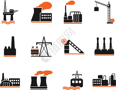 黑与白工厂和工业符号仓库计算机图标集建筑绘画汽油界面天然气加油站烟囱插画
