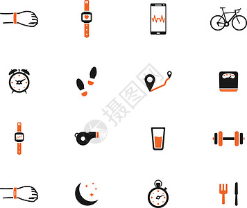 手机手环慢跑和锻炼简单的图标哑铃星星运动曲目跑表手表智能月亮屏幕食物插画