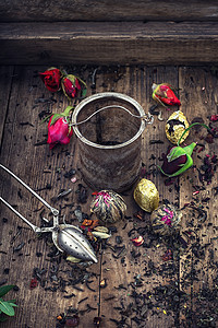 洒茶匙文化饮料收藏药品薄荷香气花瓣草本草本植物玫瑰背景图片