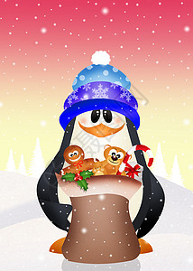 圣诞节的企鹅新年插图闲暇景观礼物雪花明信片卡通片庆典背景图片