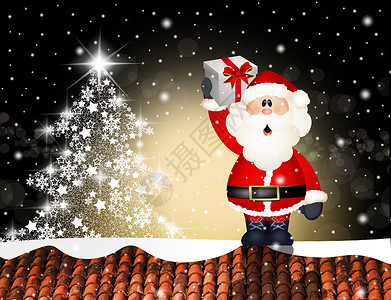 雪域圣诞屋景观圣诞老人在屋顶上庆典闲暇礼物插图明信片雪花卡通片景观新年飞机背景