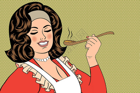 长柄厨勺汤勺子流行艺术古代女人 用围裙来品尝她的食物女士卡片厨师厨房广告妻子流行音乐勺子主妇美食插画