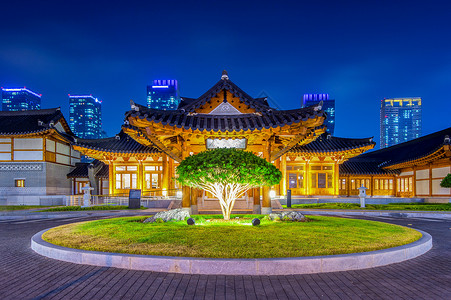 骏豪中央公园广场韩国传统风格建筑在首尔Koorea村庄旅行建筑学房子背景