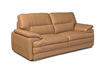浅棕色皮面沙发长椅软垫座位家具古董装饰风格皮革奢华白色背景图片
