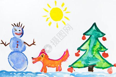儿童绘画刷子艺术品水彩水粉橙子雪人太阳孩子问候语创造力背景图片