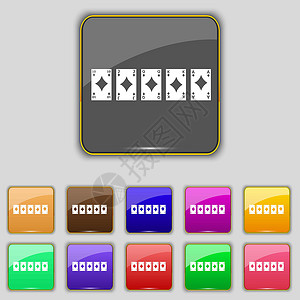彩色价格标签牌在红心图标符号中打扑克牌手的皇家直冲式扑克牌 为网站设置了11个彩色按钮 矢量插画