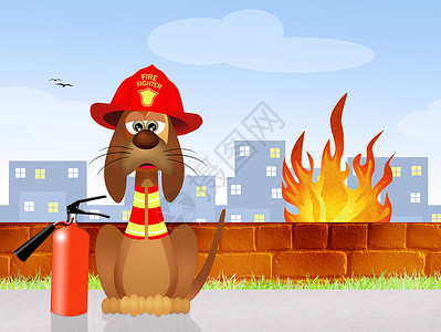 卡通灭火器消防犬圆柱危险职业安全火焰动物插图卡通片卡车工作背景