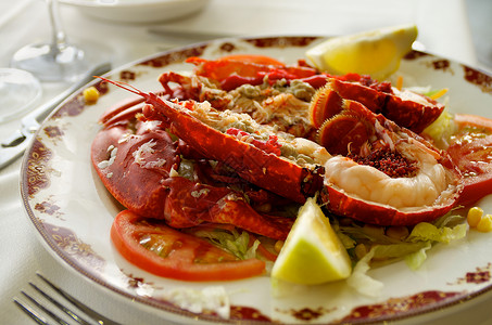 龙虾料理贝类饮食小龙虾美食服务动物晚餐主菜青菜高清图片