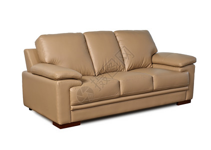 白色背景的浅棕色皮面沙发长椅软垫风格座位家具皮革装饰古董奢华背景图片