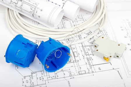 建筑计划和蓝图卷数字测量塑料金属绘画工业建筑学房子蓝色背景图片