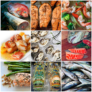 海海食物拼合食品数字扇贝粉色餐厅蒸汽复合熟鱼健康饮食晚餐烹饪背景图片