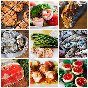 海海食物拼合食品寿司生蚝龙虾鲈鱼熟鱼扇贝数字晚餐牛扒烹饪背景图片