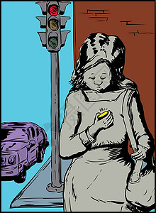 红绿灯卡通妇女跨越街头时使用电话的情况背景