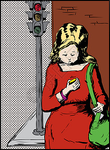 手绘红绿灯单身妇女使用电话横过街口;背景
