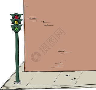 手绘红绿灯十字路口附近的截光和砖墙卡通插图背景