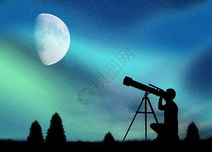 看月亮的人人用望远镜看着北极光 看北极光背景