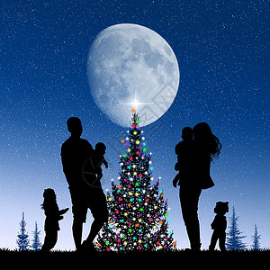 圣诞树周围的圣诞树快乐庆典松树月亮家庭插图孩子们背景图片
