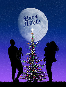 圣诞树周围的人孩子们快乐插图松树月亮家庭庆典背景图片