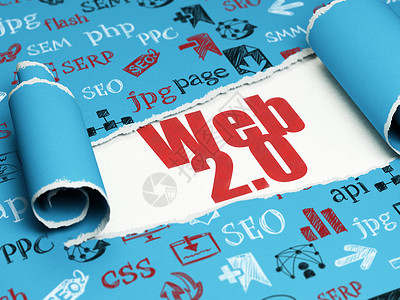 网络发展概念 红色文字 Web 2 0 在撕破纸下面卷曲编程笔记角落服务器网页叶子蓝色涂鸦3d背景图片
