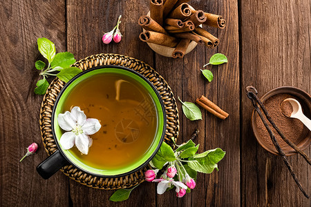 茶果味肉桂杯子草本植物香气药品食物饮料木头叶子背景图片