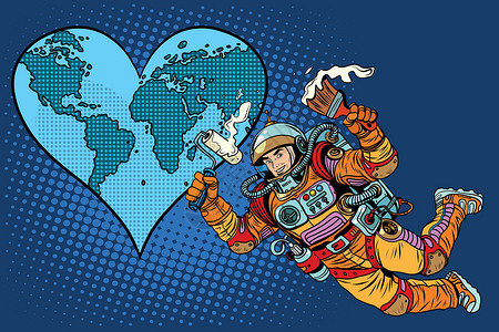 地球英雄素材环境日 地球心脏和宇航员插画