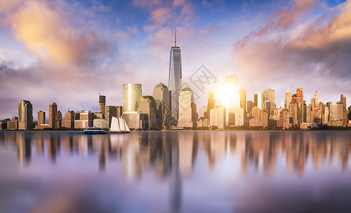 纽约市天际地标摩天大楼城市街道建筑学天线日落全景阁楼市中心美国高清图片素材