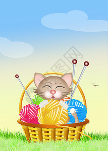 猫咪与一串小毛球草地篮子羊毛宠物猫科玩具动物插图小猫背景