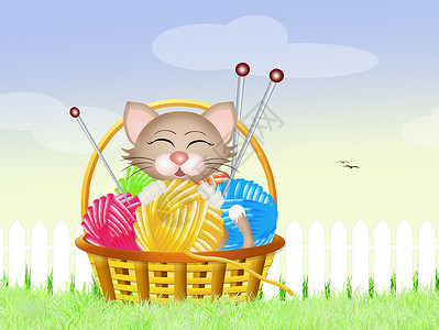 猫咪与一串小毛球宠物插图动物草地小猫玩具羊毛篮子猫科背景