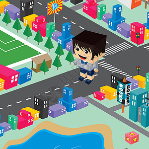 平方等度世界卡通人群侏儒多边形男生城市村庄等距资产艺术建筑背景图片