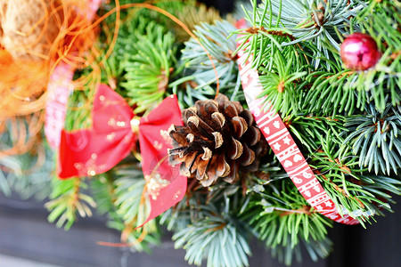 圣诞节装饰花圈丝带季节性松树锥体红色背景图片